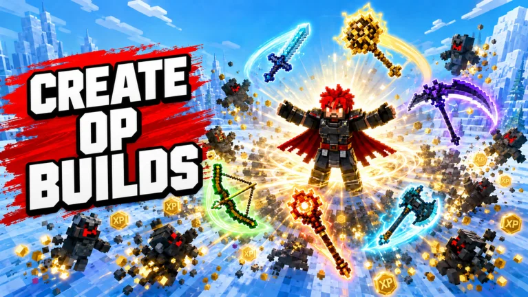 Official Survive The Swarm artwork: a red-caped Roblox adventurer surrounded by glowing weapons and a dark enemy swarm.